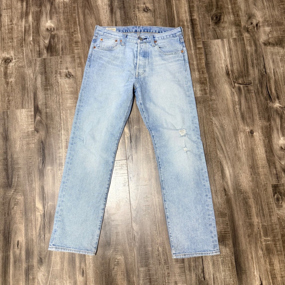 Levis Premium 501 Mens Original Fit Jeans Light Wash Distressed Cotton 30x30